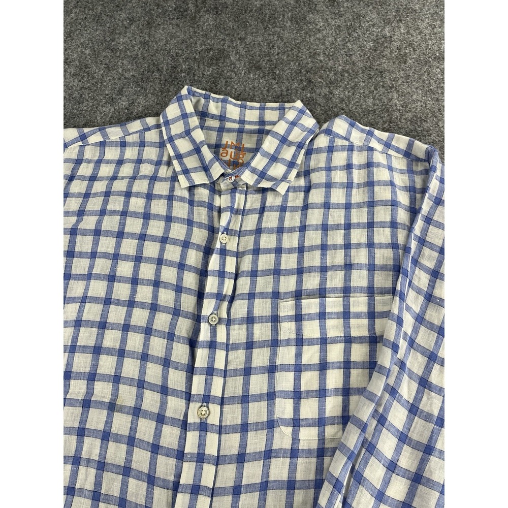 J McLaughlin Linen Button Down Shirt Mens Large White Blue Check Preppy Casual
